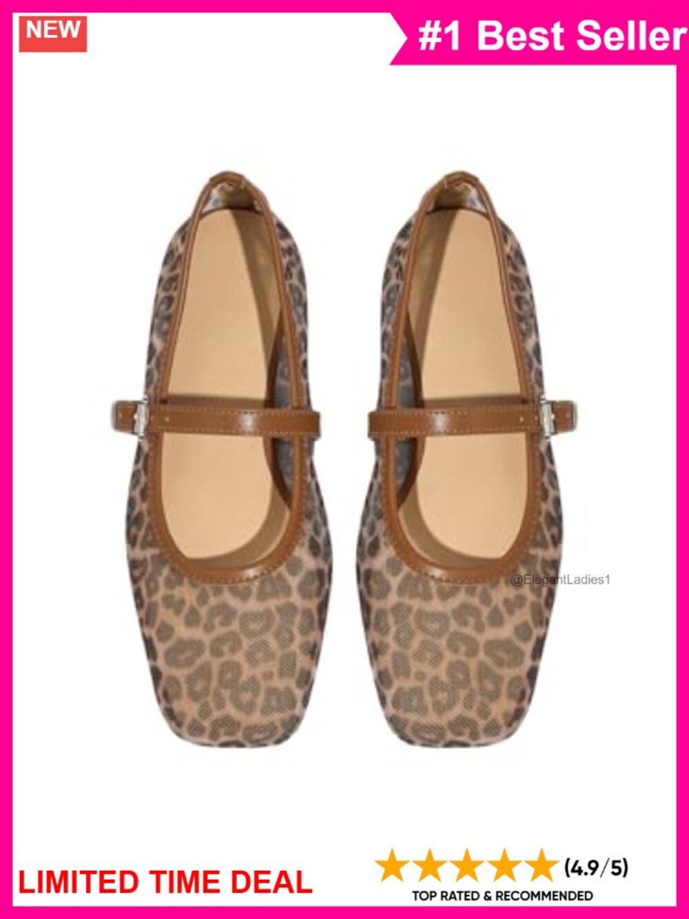 Leopard Mesh Ballet Flats Square Toe Buckle Mary Jane Casual